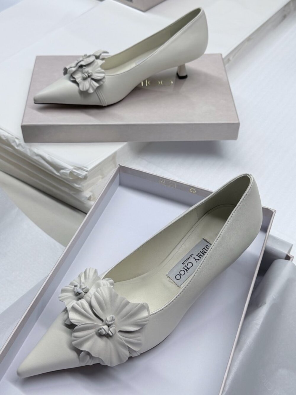Jimmy Choo Floral Leather Pointed Toe Kitten Heel Pumps Off White